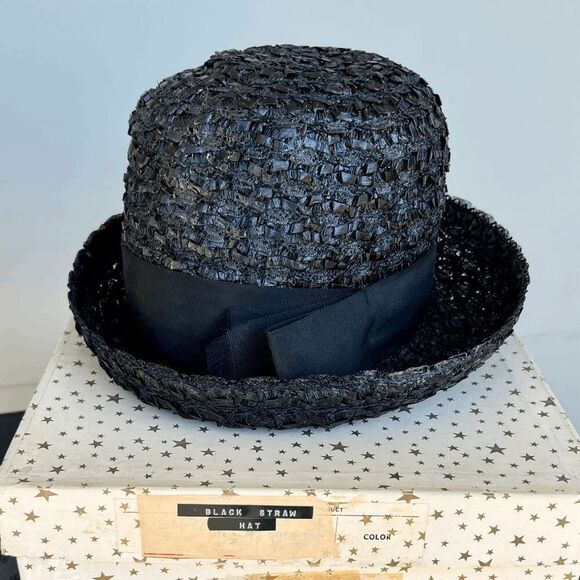 Vintage 50s Black Straw Cloche Hat • Grosgrain Bow, Up-Turn Brim - Picture 1 of 13